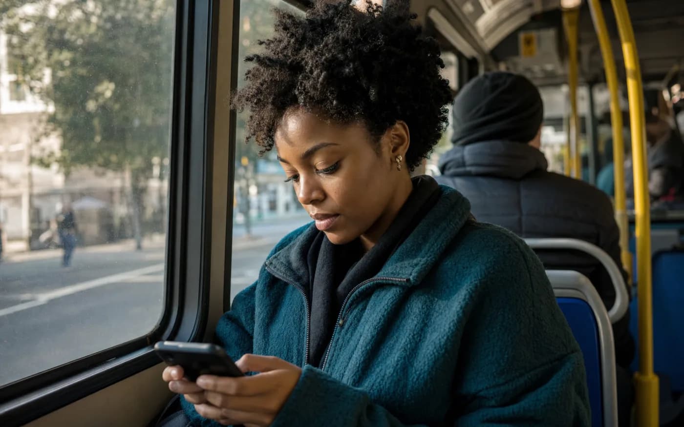 A person sitting by the window on a bus, practicing on their phone.